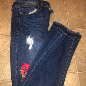 Blue Denim Jeans with Red Roses Embroidery